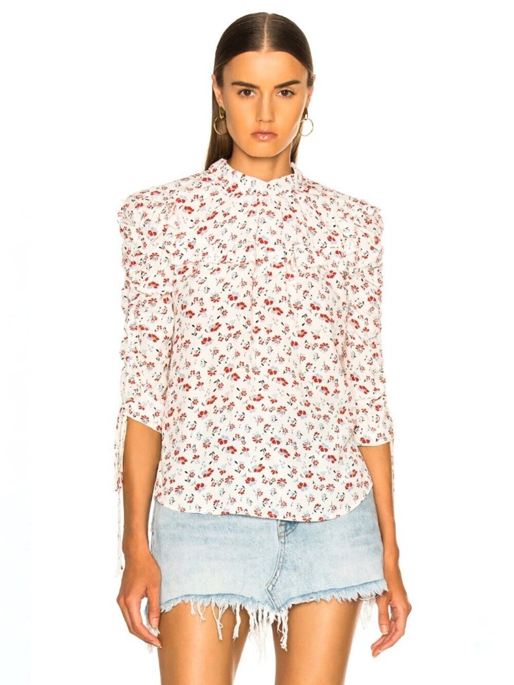 VERONICA BEARD Howell Red Floral 100% Silk Crepe Ruched Sleeve Blouse, Size 2 - Picture 2 of 15